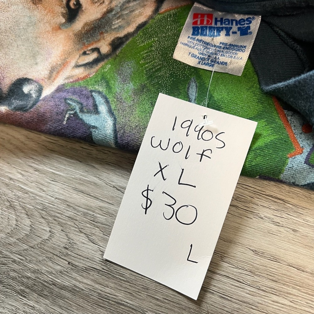 Vintage 90s Isle Royale National Park Wolf Hanes T-Shirt Mens XL Black Paw Print - Picture 9 of 9